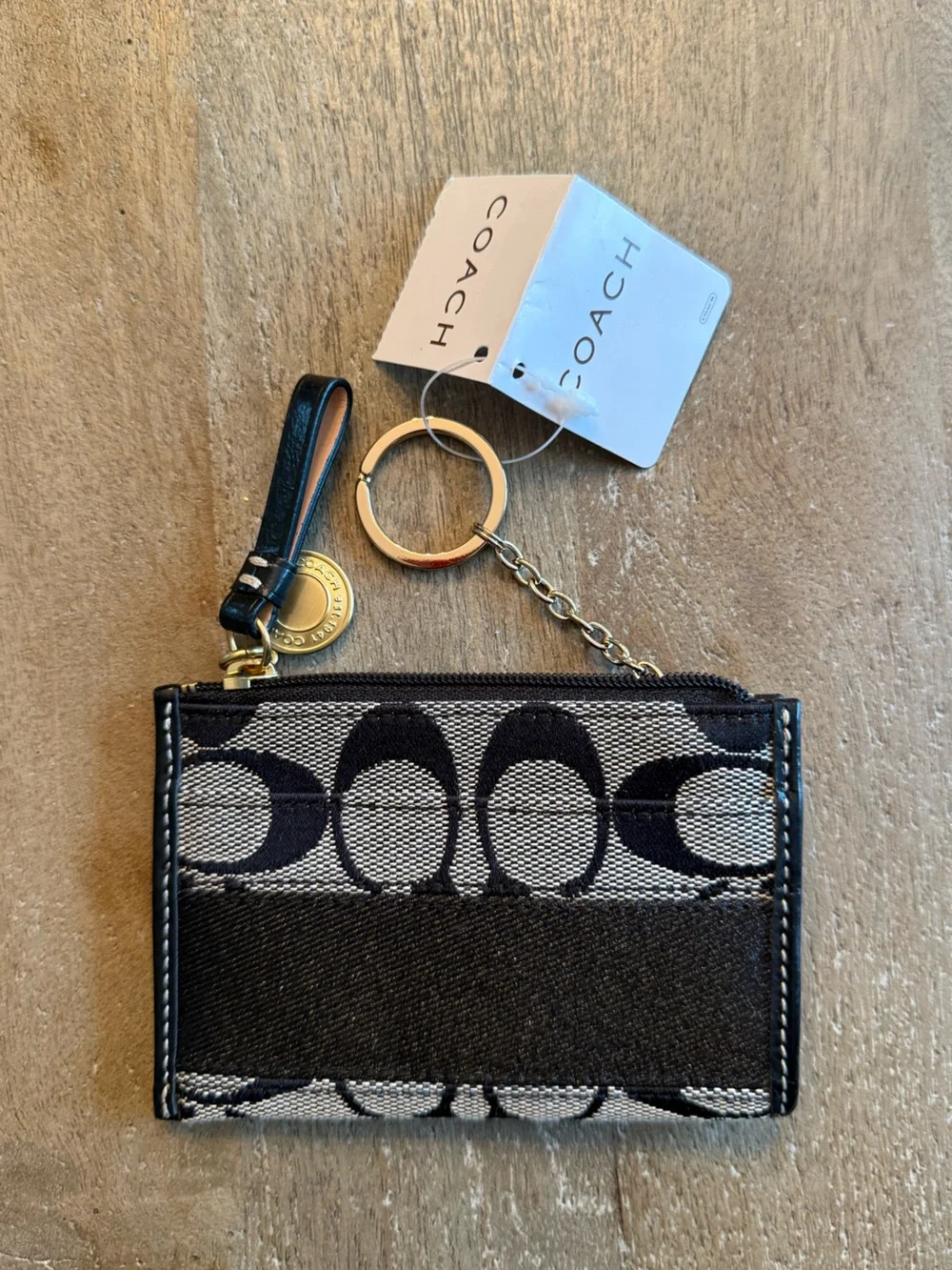Coach Black and Beige Signature Canvas Key & Card Holder with Chain
